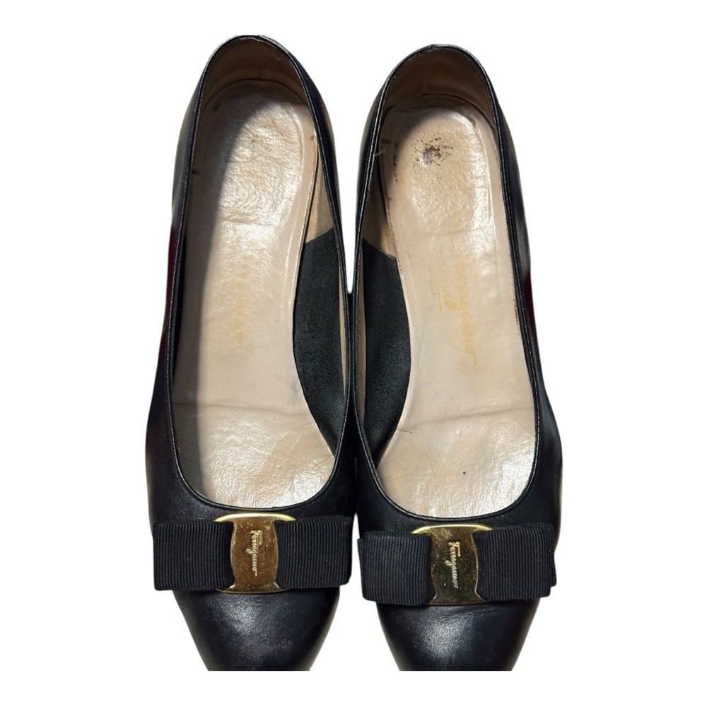 Salvatore Ferragamo Black Leather Flats with Gold Accent